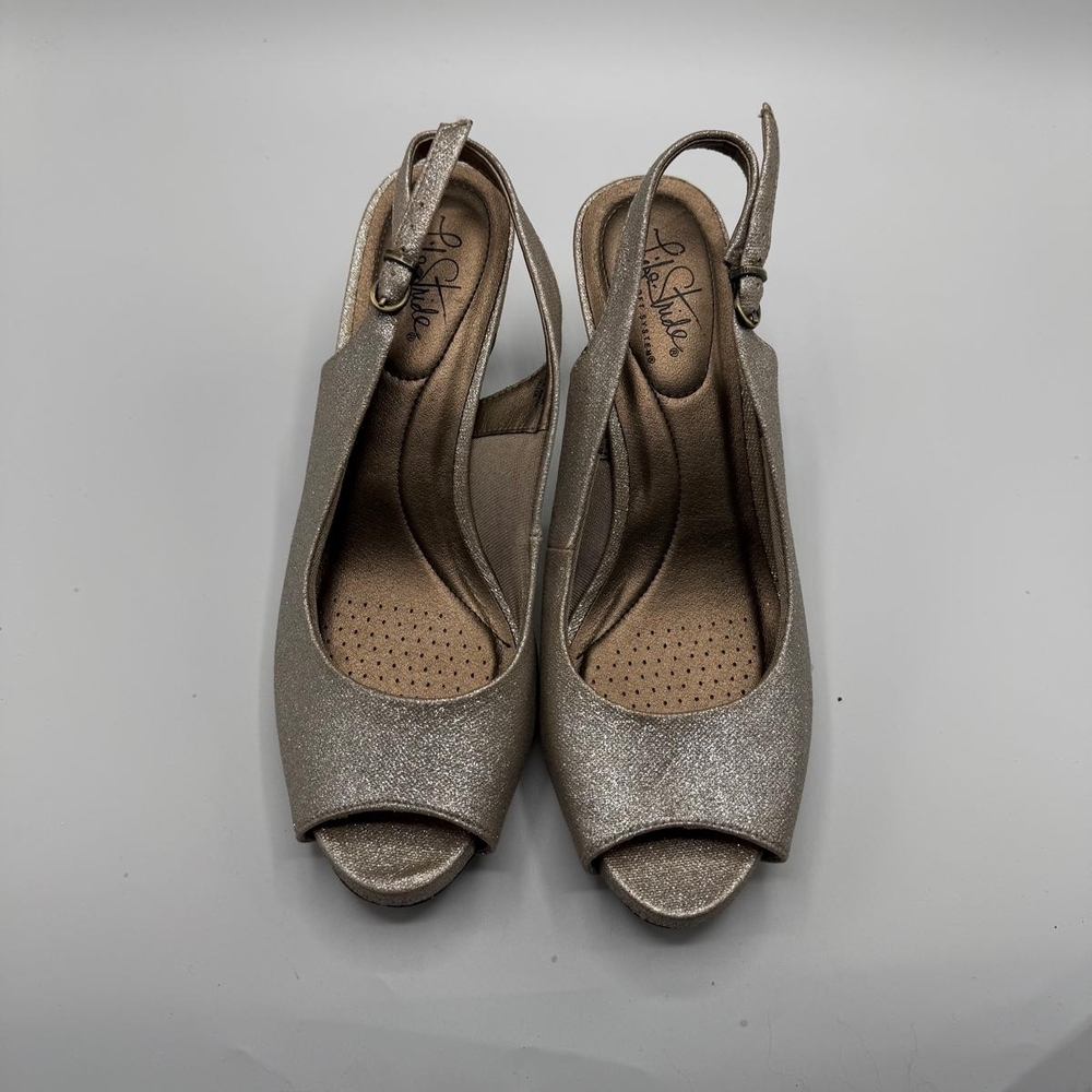 Life Stride Women's Metallic Open-Toe Slingback Heels - Champagne Gold